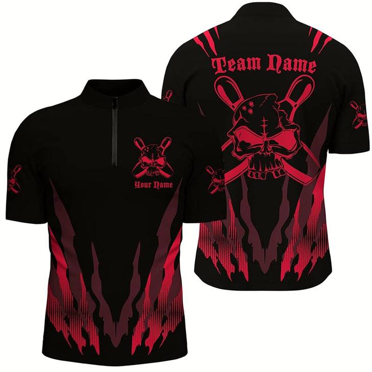 Goofygear Custom Bowling Shirts For Men , Skull Bowling Team Shirts Bowling Pin Red Style 2