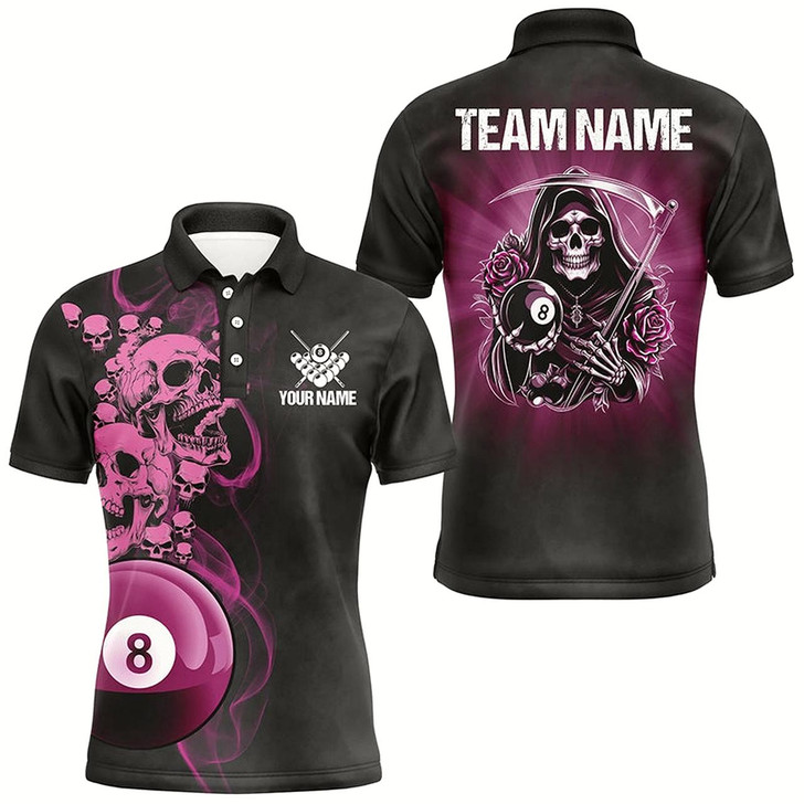 Goofygear Funny Skull And Rose Custom 8 Ball Billiard Shirts For Men, Pink Black Scary Billiard Jerseys