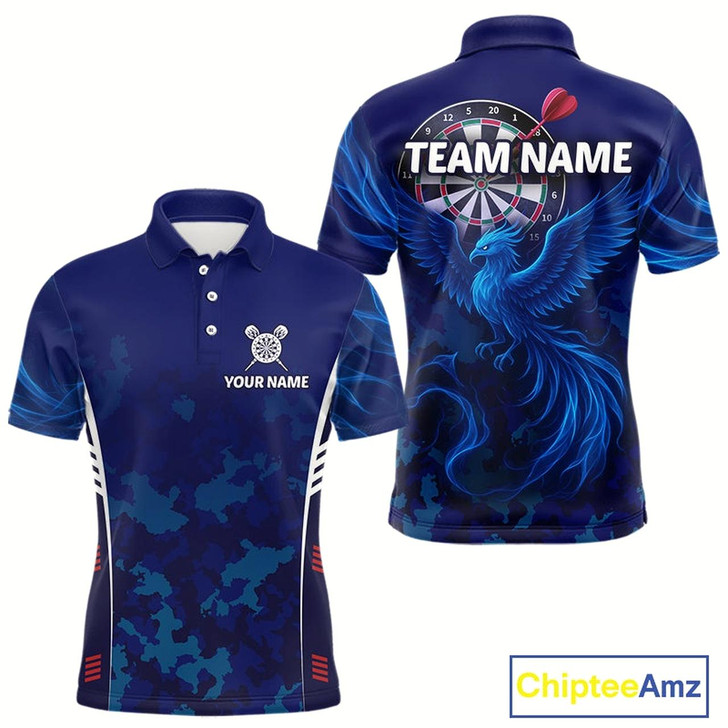 Goofygear Men'S Custom Darts Shirt With Cobalt Phoenix Camouflage Pattern And Dartboard Style 1