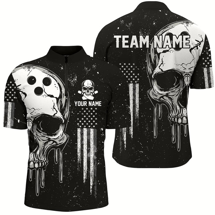 Goofygear Personalized Black And White Grunge American Flag Skull Bowling Team Shirts, Patriotic Bowling Jerseys