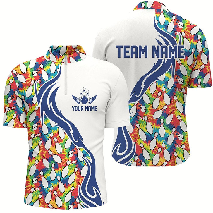 Goofygear Colorful Tie Dye Bowling Pins Custom Bowling Shirts For Men, Flame Bowling Jerseys