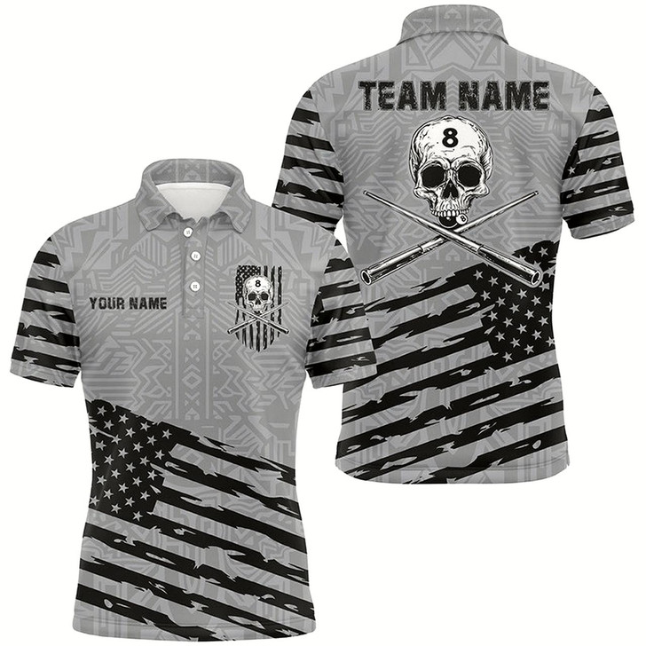 Goofygear Personalized Grey Us Flag Skull Billiard Shirts For Men Custom Patriotic Billiard Pool Jerseys