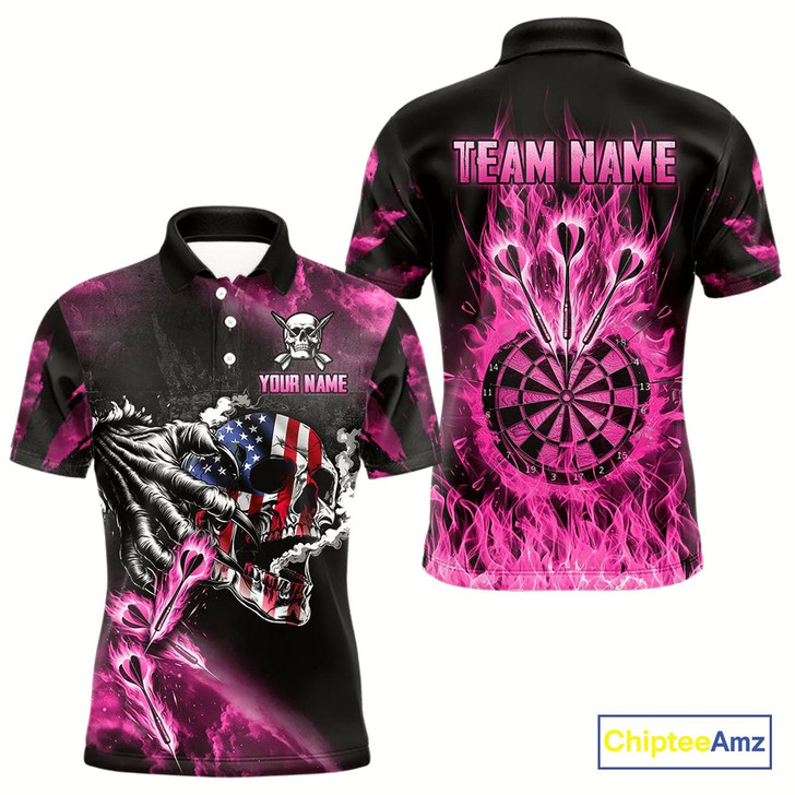 Goofygear Fire Flame Darts Board American Flag Skull Dart Shirts For Men Custom Darts Team Jerseys Pink Style 2