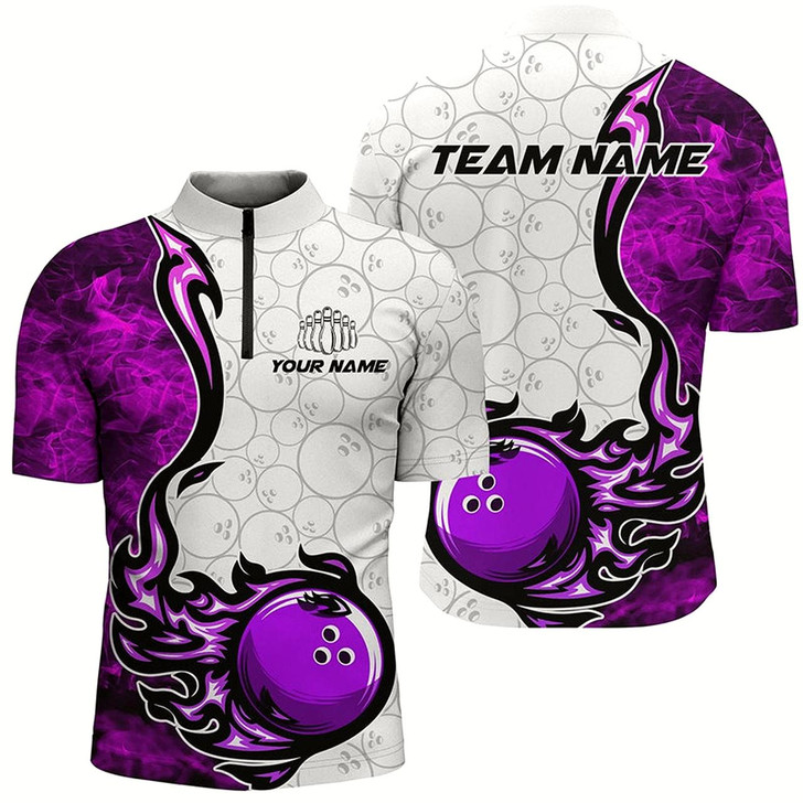 Goofygear Custom Purple Flame Bowling Shirts For Men Bowling Ball Pattern Bowling Team Jerseys For Bowlers
