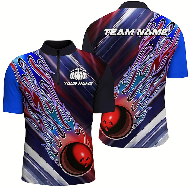 Goofygear Red White And Blue Bowling Ball Flame Custom Bowling Team Shirts, Unisex Patriotic Bowling Jersey