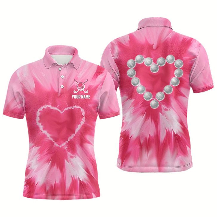Goofygear Pink Tie Dye Mens Golf Polo Shirt Custom Golf Ball With Heart Golf Outfit For Men, Golfing Gifts
