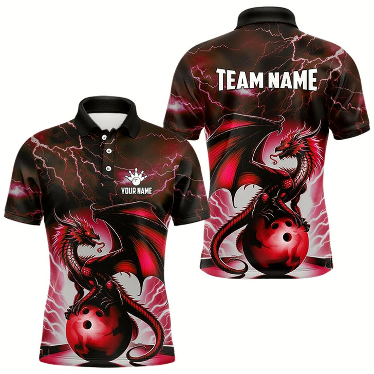 Goofygear Red Thunder Lightning Custom Dragon Bowling Shirts For Men, Bowling Team Jerseys Polo