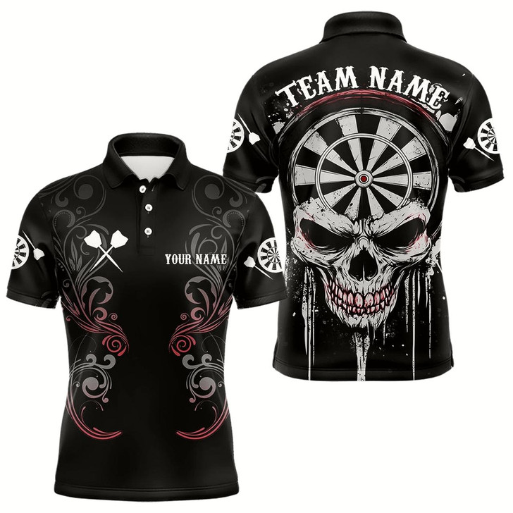 Goofygear Personalized Skull Black Grunge Polo Darts Shirt For Men, Dart Team Jerseys