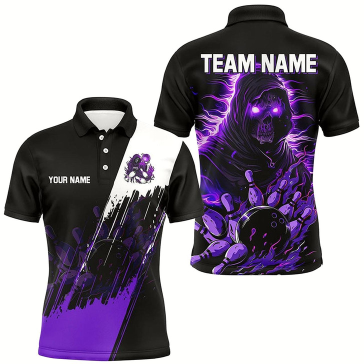 Goofygear Black And Purple Skull Reaper Bowling Jerseys Polo Shirt For Men Custom Bowling Team Shirts Style 1