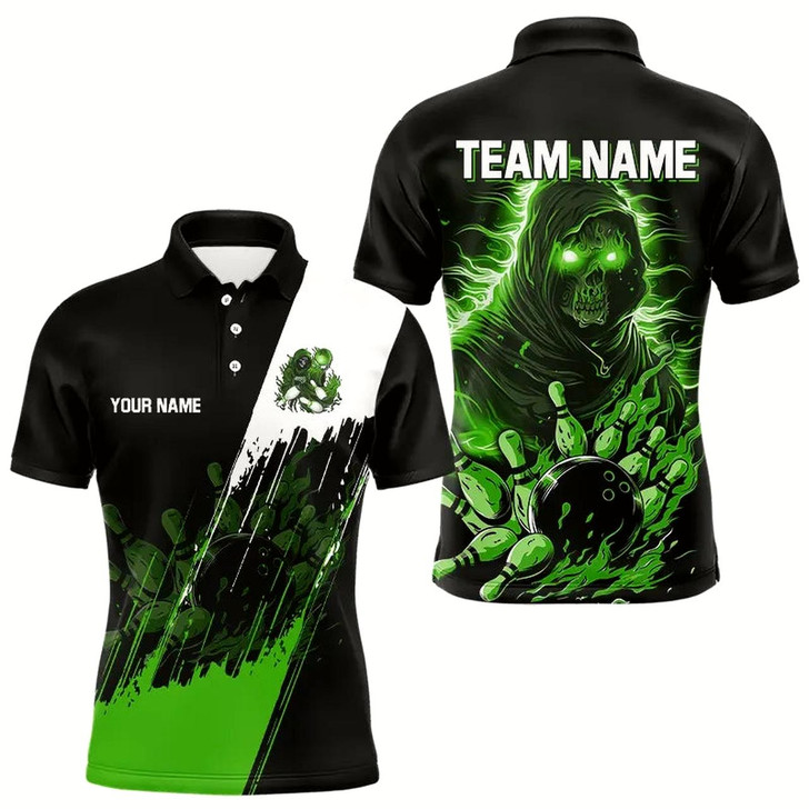 Goofygear Black And Green Skull Reaper Bowling Jerseys Polo Shirt For Men Custom Bowling Team Shirts Style 1