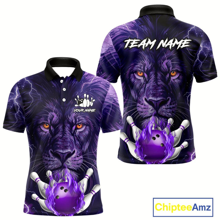 Goofygear Purple Lightning Thunder Flame Lion Bowling Polo Shirts For Men Custom Bowling Team Jerseys Style 2