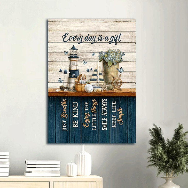 Canvas Wall Art Featuring Lighthouse Vintage Sailboat Marine Life Drawing And Blue Butterfly With The Message Every Day