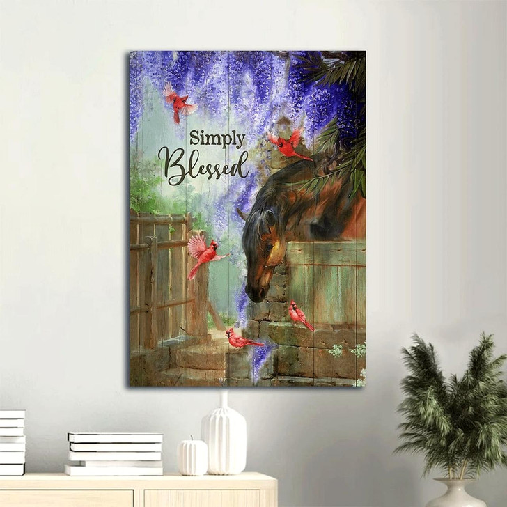 Canvas Wall Art Featuring Dream Horse Wisteria Flowers And Red Cardinal With The Message Simply Blessed Christian Gift
