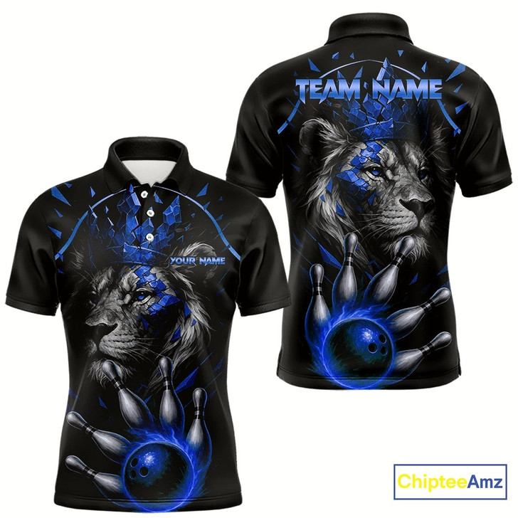 Goofygear Custom Black And Blue Lion Bowling Polo Shirts For Men, Lion Team Bowling Jerseys
