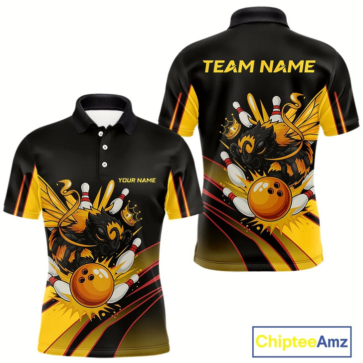 Goofygear Black And Yellow Bee Bowling Polo Shirts For Men Custom Bee Bowling Team Jersey Outfit