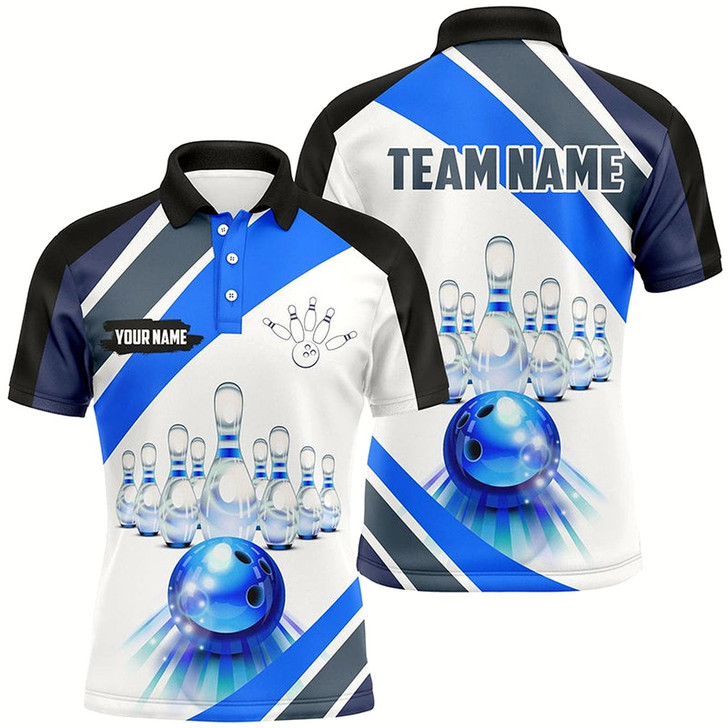 Goofygear Blue Light Bowling Polo Shirt For Men Custom Bowling Ball And Pins Team League Jerseys