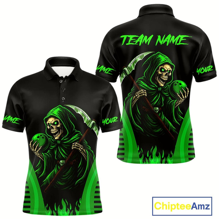 Goofygear Black And Green Flame Skull Reaper Bowling Polo Shirt For Men Custom Team Bowling Jersey