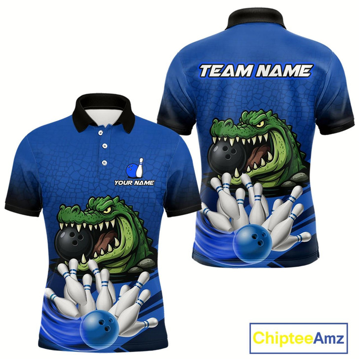 Goofygear Funny Blue Alligator Bowling Polo Shirts For Men Custom Team Bowling League Jersey