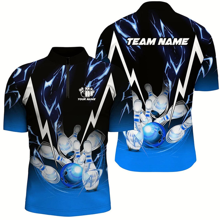 Goofygear Black And Blue Lightning Thunder Custom Bowling Polo Shirts For Men, Team Bowling Jerseys