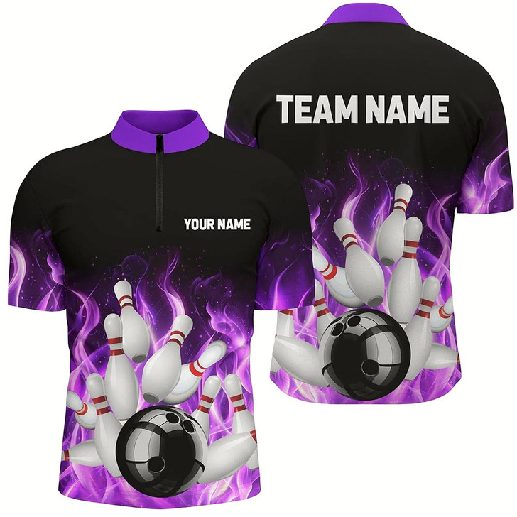 Goofygear Purple Flame Fire Bowling Polo Shirts For Men Custom Name Team Bowling Jerseys Bowler