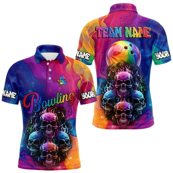 Goofygear Colorful Rainbow Flame Skull Bowling Polo Shirts For Men Custom Bowling Team Jerseys