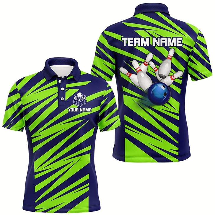 Goofygear Blue And Green Strike Bowling Polo Shirts For Men, Custom Name Bowling Team Jerseys