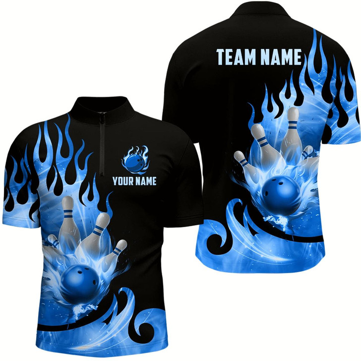 Goofygear Custom Black & Blue Bowling Shirts For Men & Flame Bowling Team Jersey Quarter-Zip