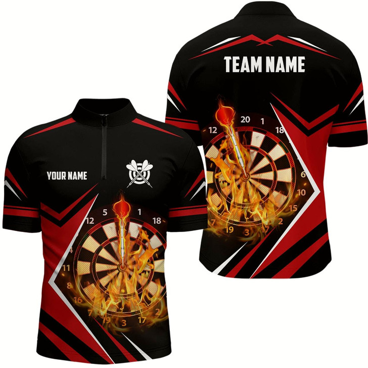 Goofygear Black Red Fire Flame Darts Quarter Zip Shirt Custom Darts Shirt For Men Dart Jerseys