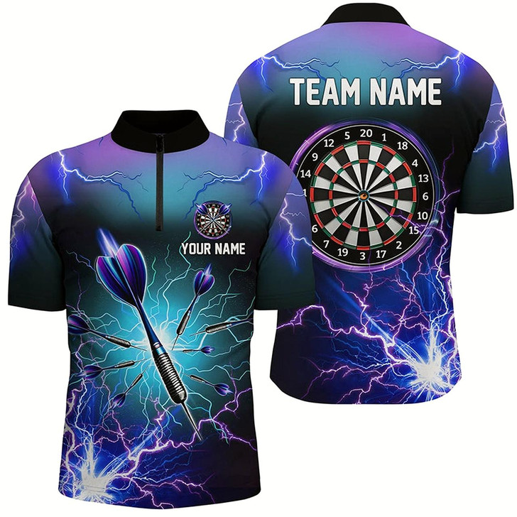 Goofygear Purple Thunder Lightning 3D Darts Quarter Zip Shirt Custom Dart Shirt For Men Dart Jerseys Style 2
