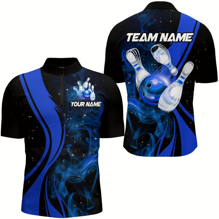 Goofygear Blue Bowling Shirt Personalized Men & Bowling Team Jersey Bowling 1/4 Zip Shirts Style 1