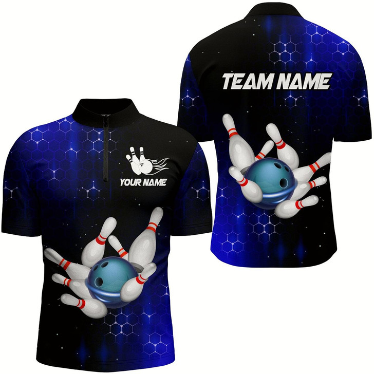 Goofygear Personalized Blue Bowling Shirts Men Bowling Team Jersey Bowling 1/4 Zip Shirt