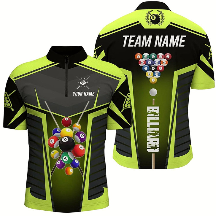 Goofygear Personalized Green Neon Jerseys Billiard Balls Men Quarter-Zip Shirts, Pool League Shirts