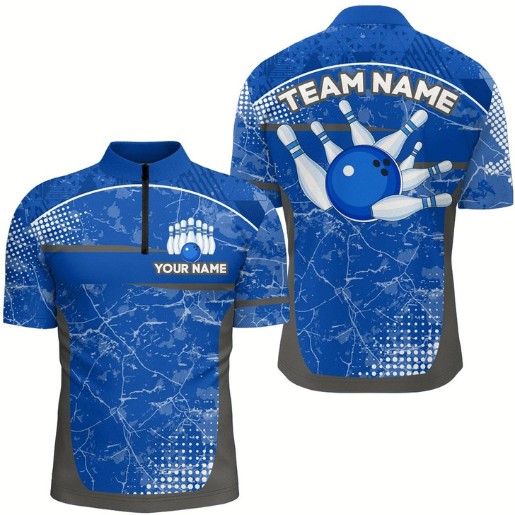 Goofygear Custom Blue Bowling Shirt For Men & Camo Bowling Team Jersey 1/4 Zip Bowling Shirts
