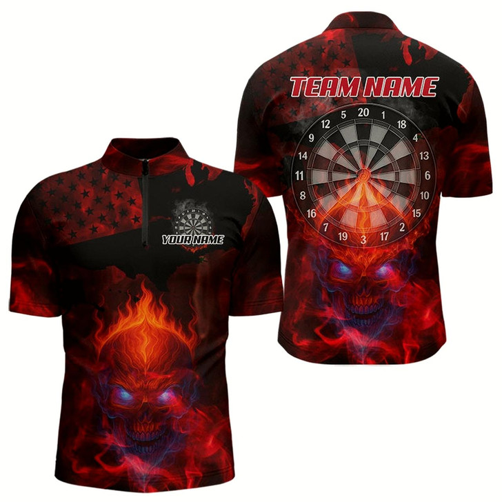 Goofygear Us Flag & Skull Custom Patriotic Red Dart 1/4-Zip Shirts For Men, Dart Team Jerseys Style 2
