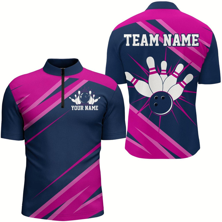 Goofygear Custom Navy&Pink Bowling Shirt For Men & Bowling Team Jersey 1/4 Zip Bowling Shirts Unisex
