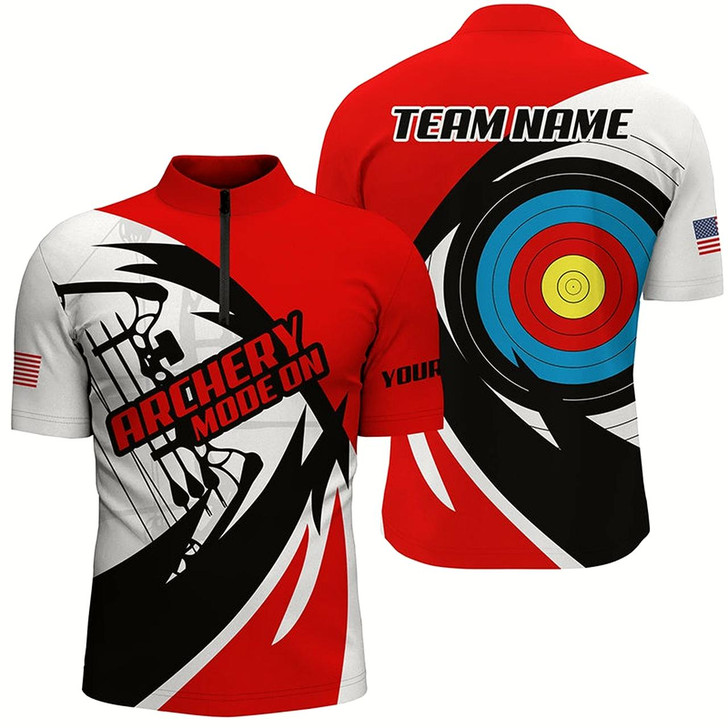 Goofygear Personalized Name Red Archery Jerseys Quarter-Zip Shirts For Men Custom Archery Bow Shirts