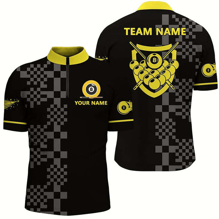 Goofygear Personalized Abstract Square Pattern 8 Ball Pool Yellow Black Quarter-Zip 3D Polo Shirts For Men