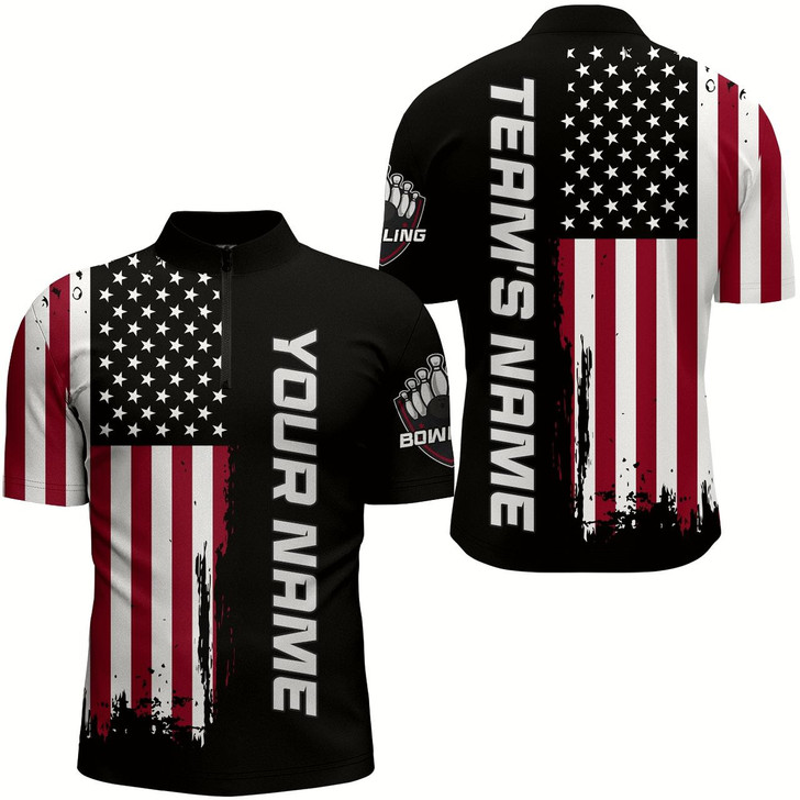 Goofygear American Flag Bowling Shirt Men Custom Bowling Quarter-Zip Shirt Team Bowling Jersey