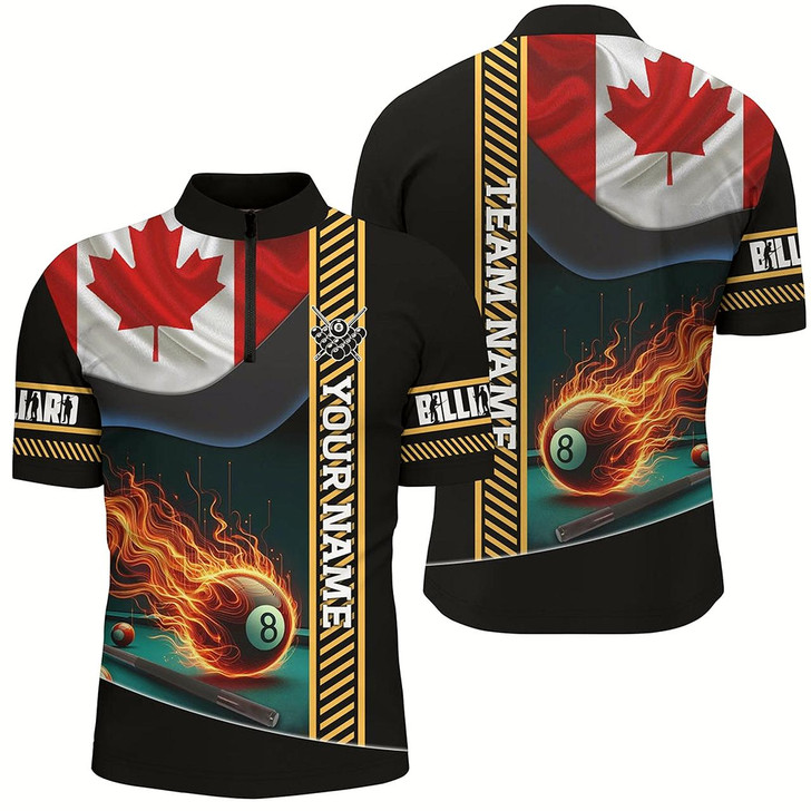 Goofygear Customized Canada Flag Flame 8 Ball Pool Men Quarter-Zip Shirt, Patriotic Billiard Jerseys