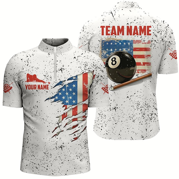 Goofygear Us Flag Grunge Style Billiard Men Quarter-Zip Shirts Custom Patriotic 8 Ball Pool Shirts Style 1