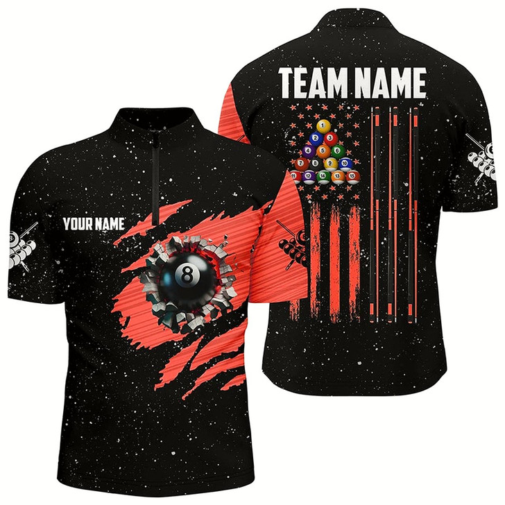 Goofygear Customized Grunge American Flag 8 Ball Pool Men Quarter-Zip Shirts Pool Player Shirts Red Style 2