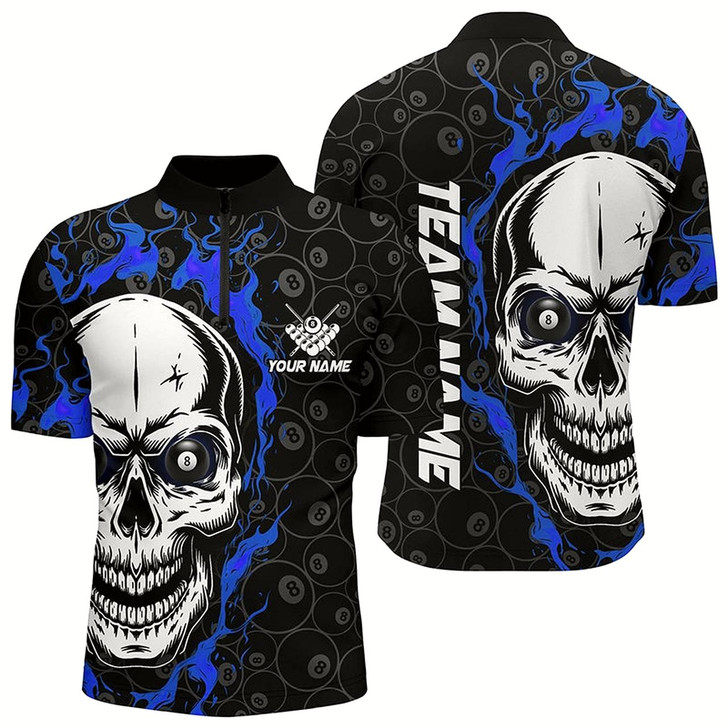 Goofygear Personalized Blue Flame Skull Billiard Men Quarter-Zip Shirts Custom Name Billiard Jerseys