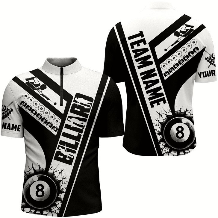 Goofygear Custom Black White Cracky Billiard 8 Ball Pool Men Quarter-Zip, Unique Pool Balls Shirts