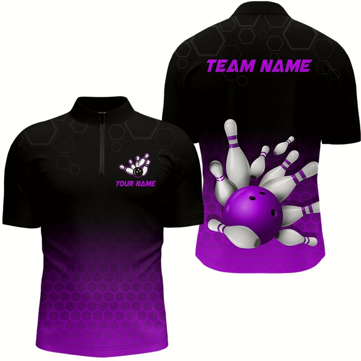 Goofygear Personalized Purple Bowling Shirt For Men & Bowling Team Jersey Bowling Quarter-Zip Style 1