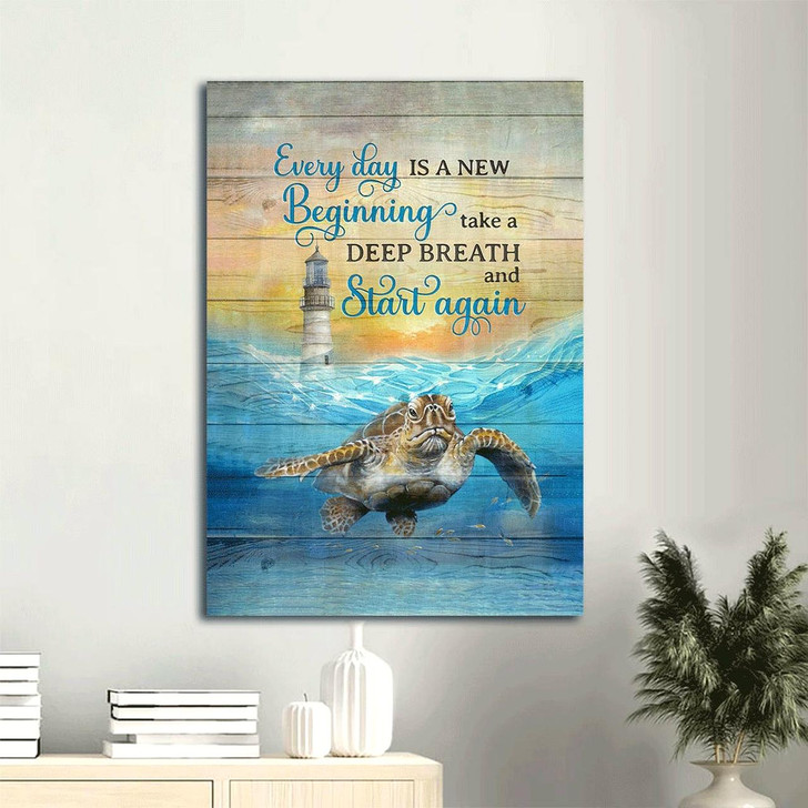 Everyday Is A New Beginning Canvas Wall Art With Sea Turtle Lighthouse And Blue Ocean Perfect For Renewed Hope