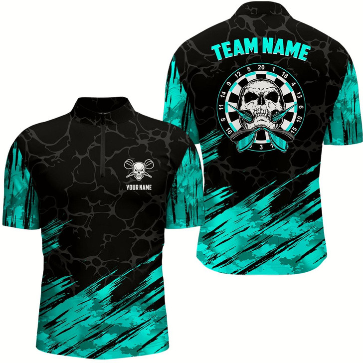 Goofygear Personalized All Over Print Skull Darts Quarter-Zip Shirt Turquoise Black Men Dart Jerseys