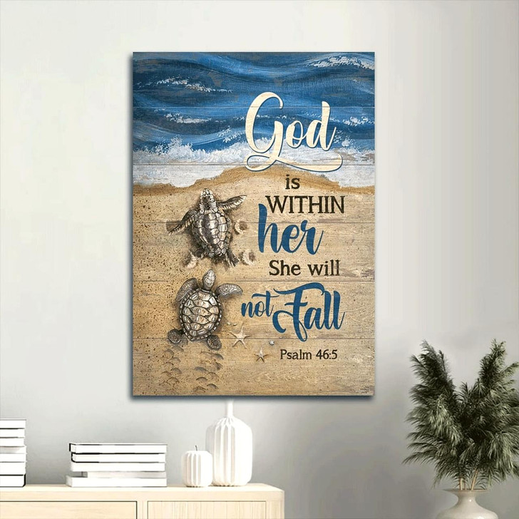 Beach Painting Sea Turtle Canvas Wall Art God Is Within Her She Will Not Fall Psalm 46:5 Gift For Turtle Lovers