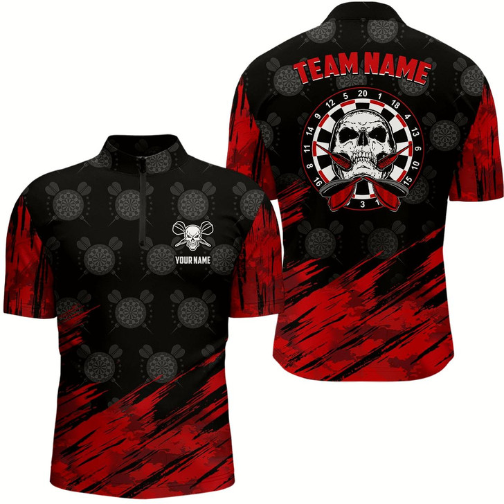 Goofygear Personalized All Over Print Skull Darts Quarter-Zip Shirt Red Black Dart Jerseys For Men