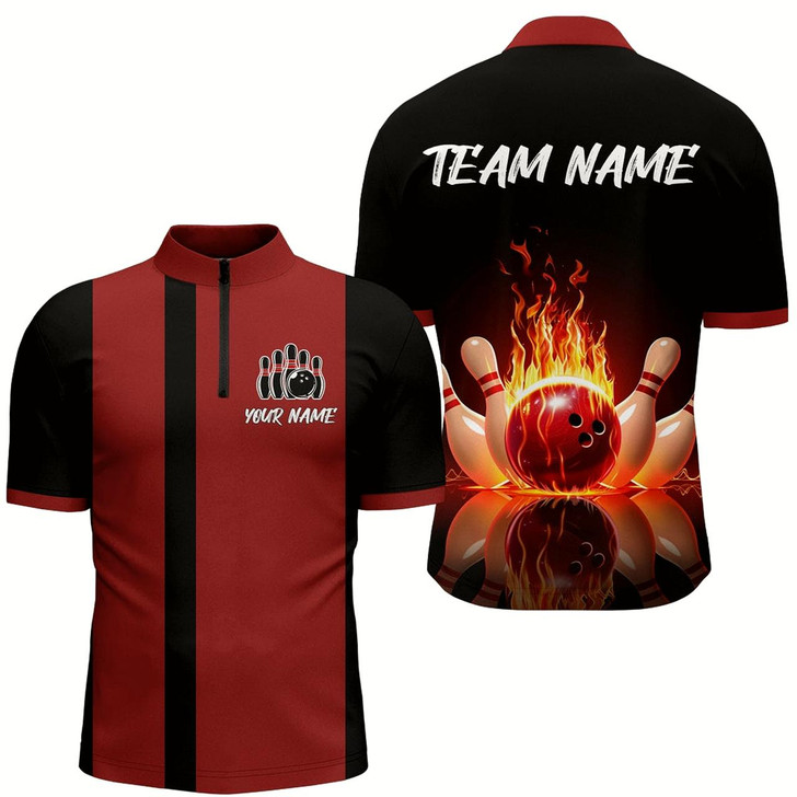 Goofygear Red Flame Bowling Shirt For Men & Custom Bowling Jersey Team League Bowling 1/4 Zip