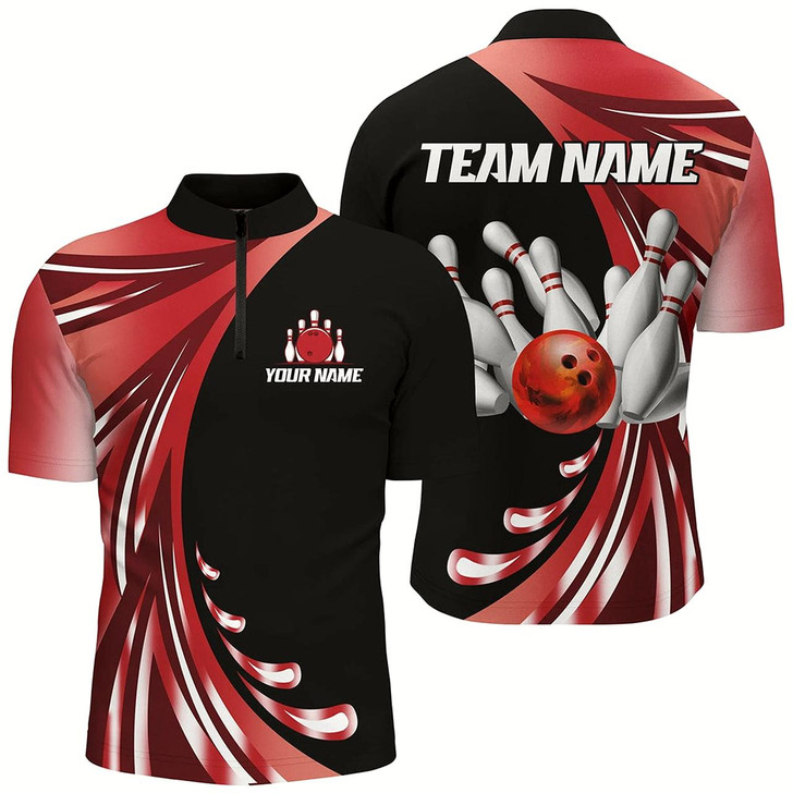 Goofygear Personalized Red Bowling Team Jersey For Men & Custom Quarter Zip Bowling Shirt